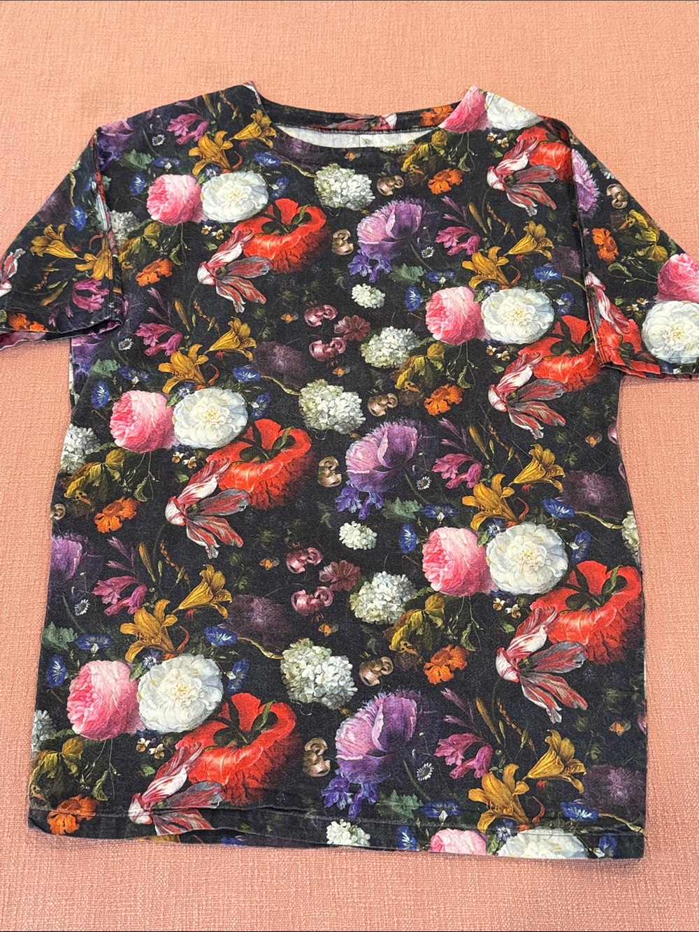 Floral Print Short Sleeve Tunic Top - Black Multicolor
